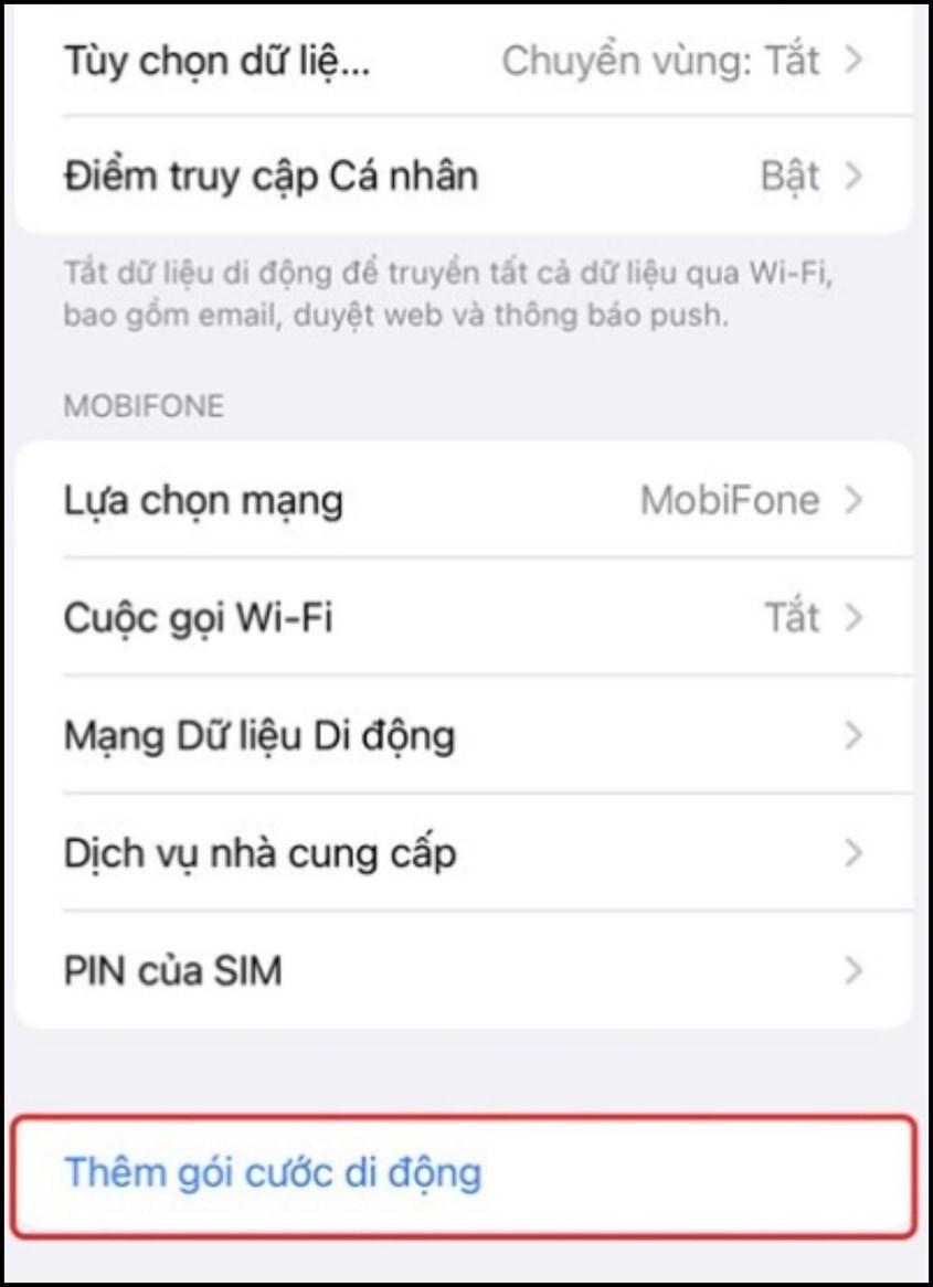 Nhấn chọn Th&ecirc;m g&oacute;i cước di động (Add Cellular Plan)