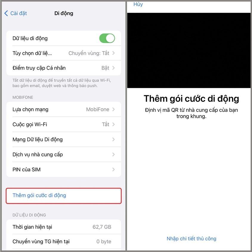 Nhấn chọn Th&ecirc;m g&oacute;i cước di động v&agrave; qu&eacute;t m&atilde; code QR m&agrave; nh&agrave; mạng cung cấp