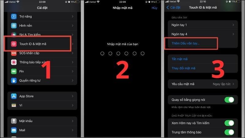 V&agrave;o C&agrave;i đặt > Touch ID > Tiến h&agrave;nh Nhập mật khẩu > Th&ecirc;m Dấu v&acirc;n tay