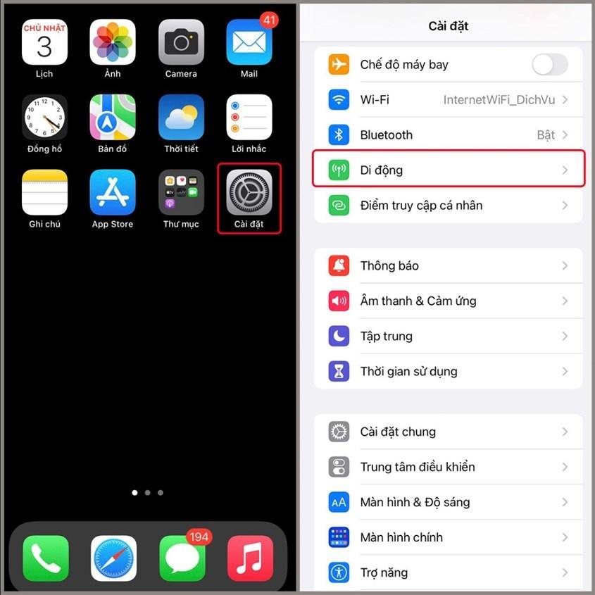 V&agrave;o phần C&agrave;i Đặt (Settings) v&agrave; chọn Di Động (Cellular)