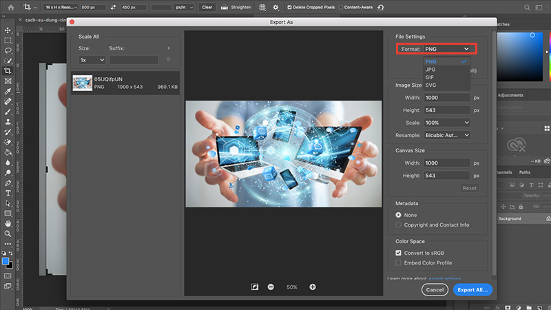alt: Chọn định dạng file xuất ra trên Photoshop