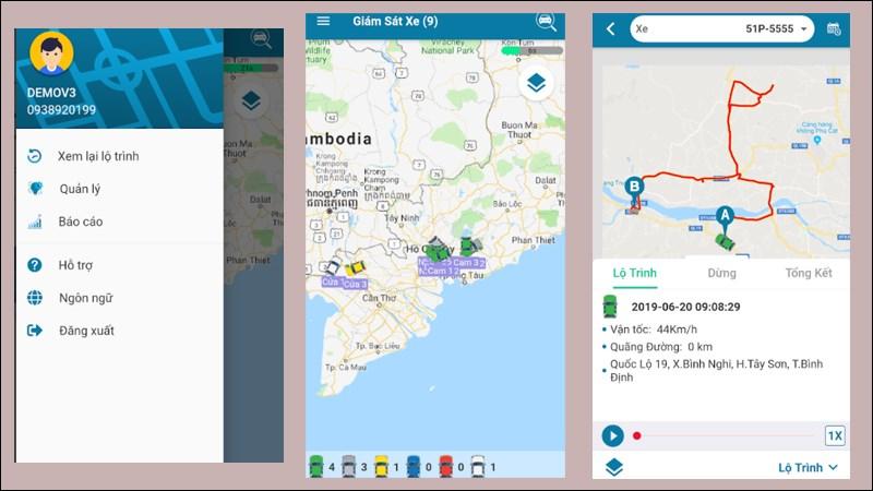 Alt: Giao diện Hệ thống quản lý xe trên điện thoại, hiển thị bản đồ theo dõi vị trí xe và các thông tin về trạng thái xe