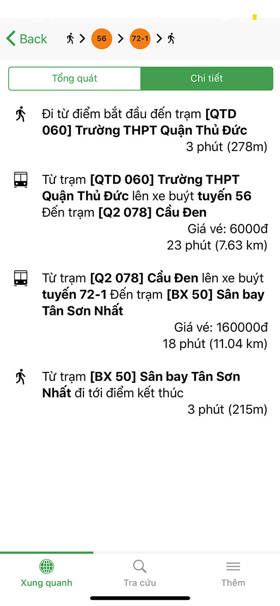 alt: Giao diện ứng dụng Go!Bus hiển thị hướng dẫn chi tiết cho lộ trình đã chọn.