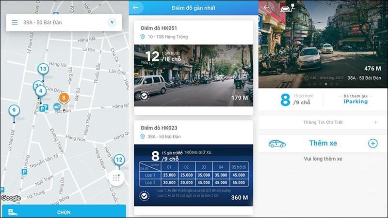 Alt: Giao diện ứng dụng iParking trên điện thoại, hiển thị bản đồ tìm kiếm bãi đỗ xe và tùy chọn thanh toán