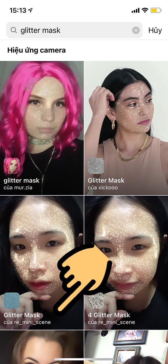 alt: Nhập từ khóa "glitter mask" để tìm filter