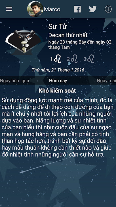 alt text: Giao diện ứng dụng Tử Vi Của Tôi hiển thị thông tin chi tiết về tử vi hàng ngày