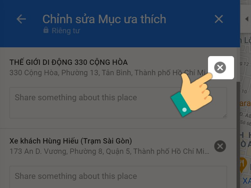 alt text: Giao diện xác nhận xóa địa điểm trên Google Maps