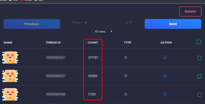 alt text: Xem số lượng tin nhắn với từng người bạn trong mục Count