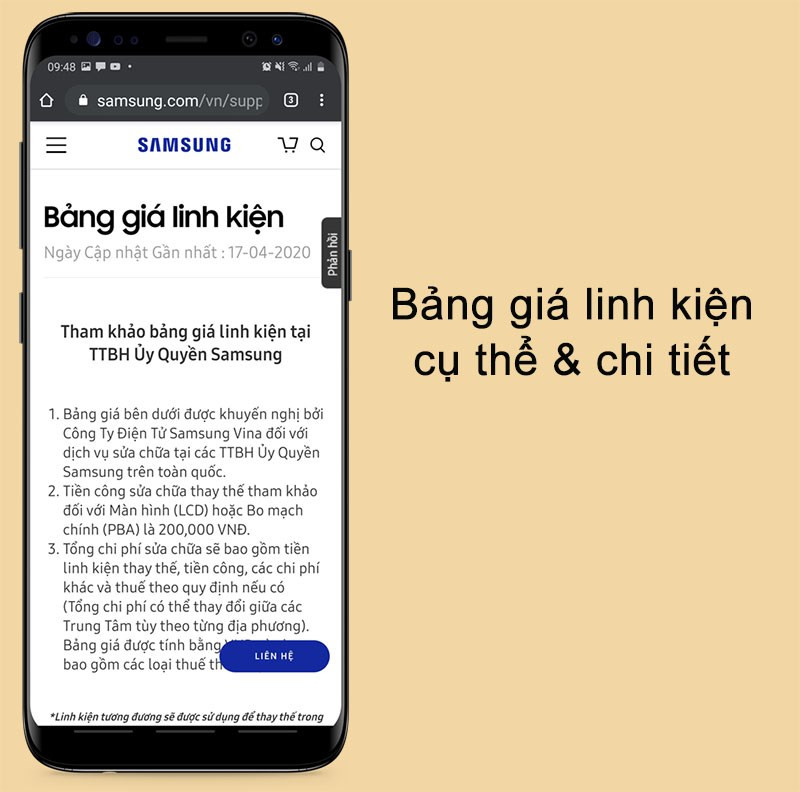 Bảng giá linh kiện trên ứng dụng Quà tặng Galaxy