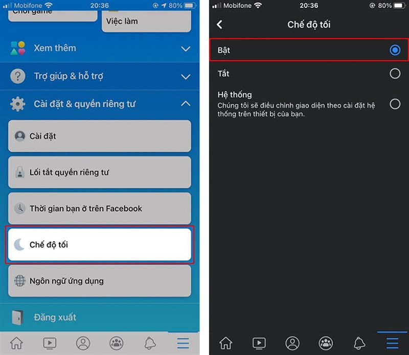 Bật chế độ Dark Mode trong cài đặt và quyền riêng tư