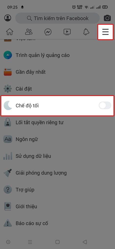 Bật chế độ tối trong menu Facebook Lite