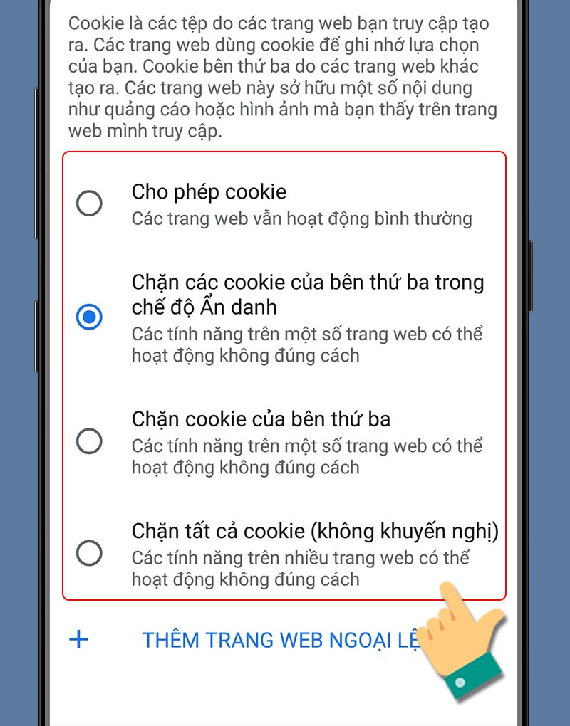 Bật tắt Cookie trên Chrome điện thoại