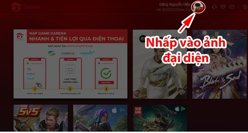 Bước 1: Click vào avatar trên Garena