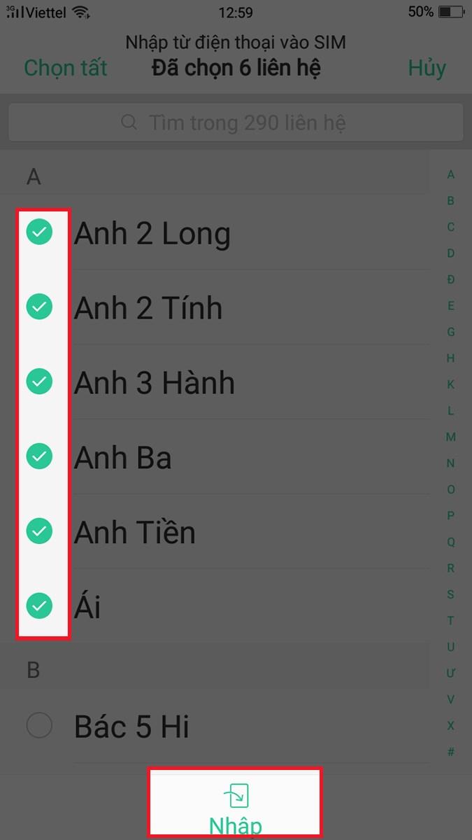 chọn các số liên hệ muốn chuyển từ máy sang SIM