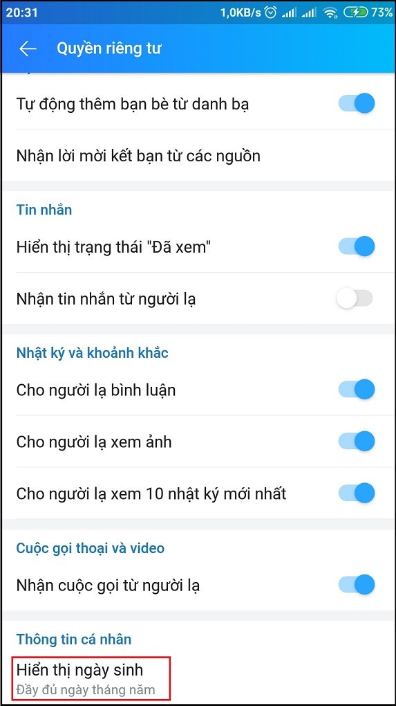 Chọn Hiển thị ngày sinh