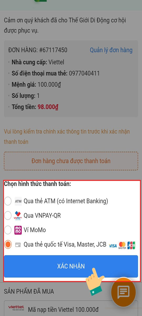 Chọn hình thức thanh toán