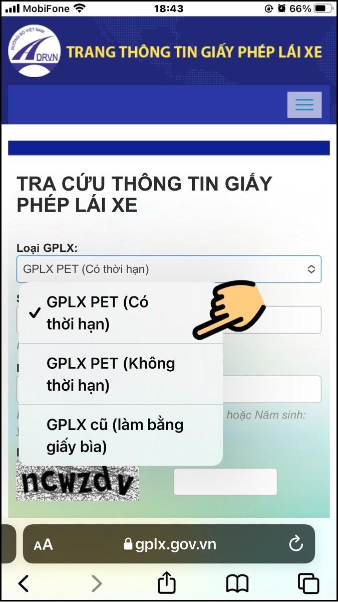 Chọn Loại GPLX tương ứng với bằng l&aacute;i xe của bạn