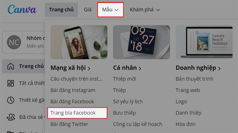 Chọn Mẫu > Chọn Trang bìa Facebook