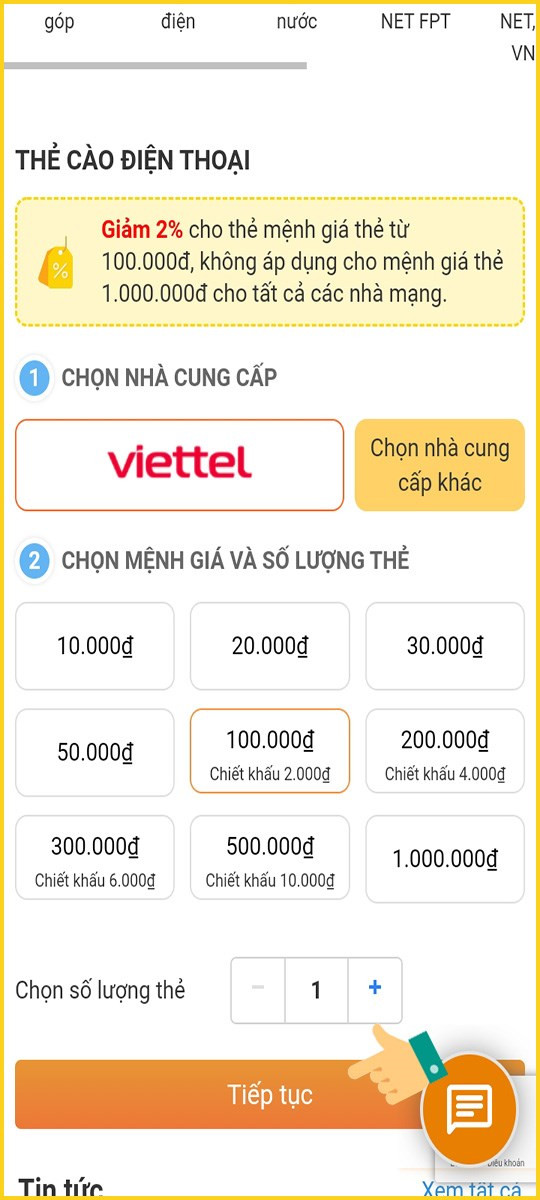 Chọn mệnh giá thẻ