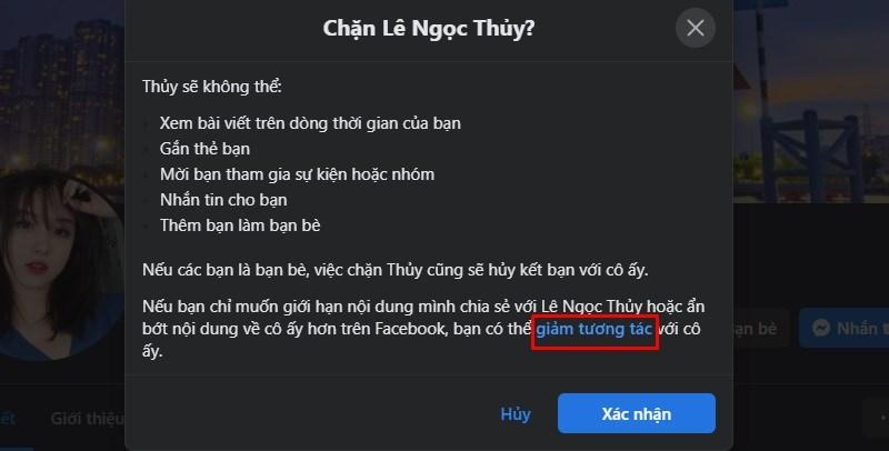 Chọn mục giảm tương tác trong chặn