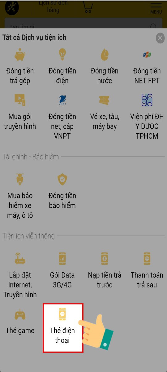 Chọn mục Mua thẻ điện thoại