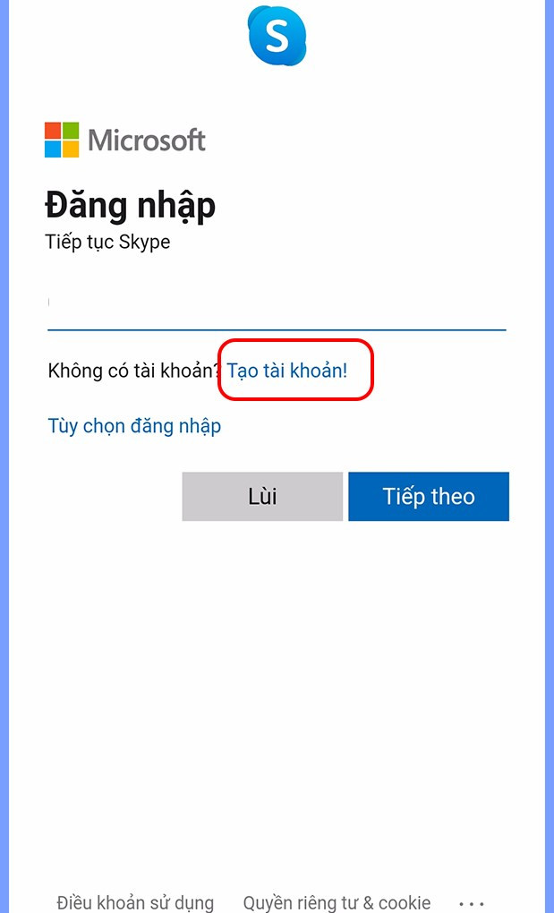 Chọn tạo tài khoản