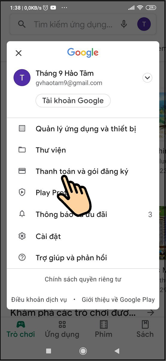 Chọn Thanh toán và gói đăng kí