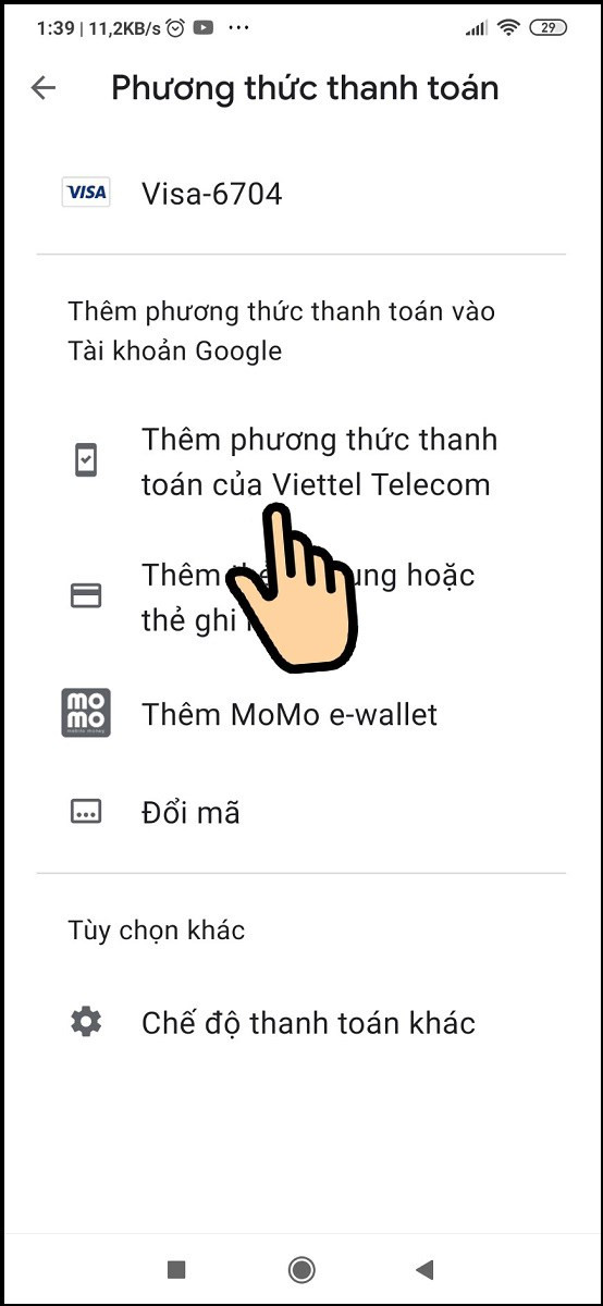 Chọn Thêm phương thức thanh toán của Viettel Telecom