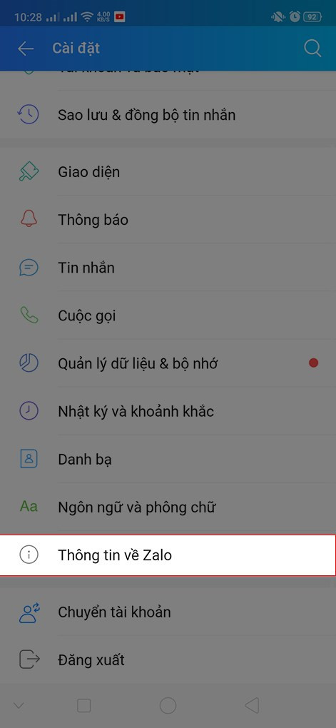 Chọn thông tin về Zalo