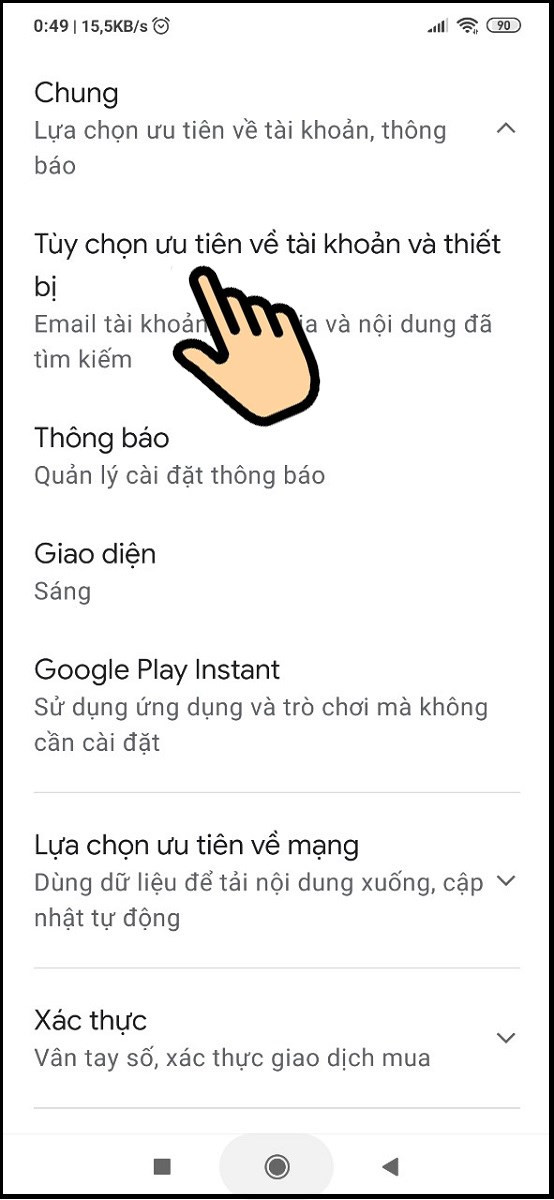 Chọn Tùy chọn ưu tiên về tài khoản và thiết bị