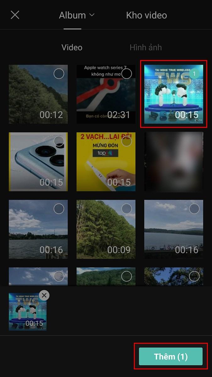 Chọn video mà bạn muốn ghép trên CapCut > Chọn Thêm