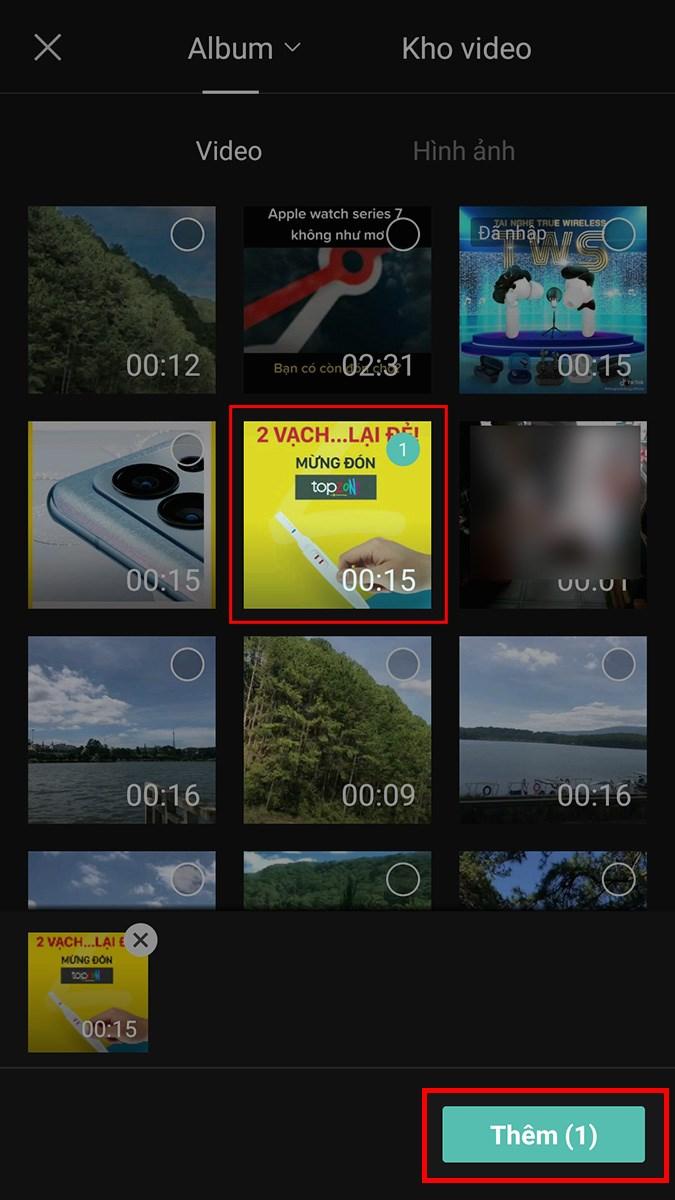 Chọn video thứ 2 mà bạn muốn ghép trên Capcut > Chọn Thêm