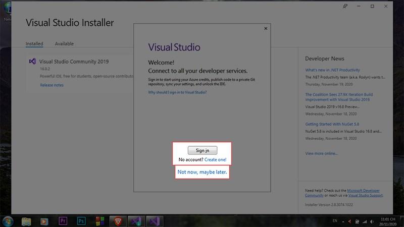 Đăng nhập v&agrave;o MS Visual Studio