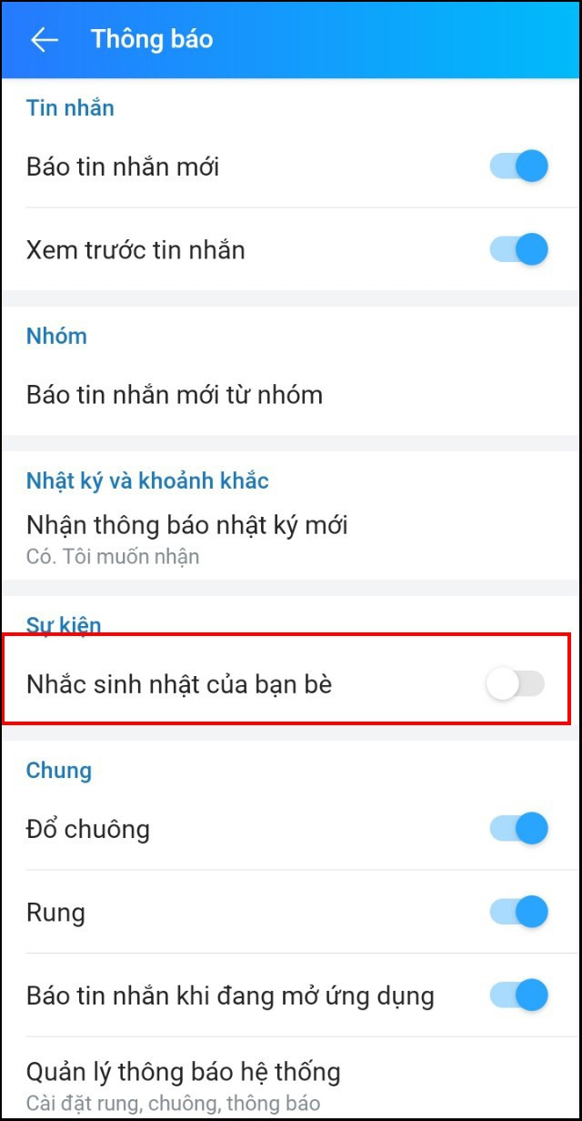 Gạt thanh nhắc sinh nhật bạn bè sang trái