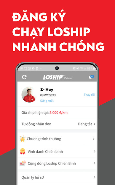 Giao diện ứng dụng Loship - Chiến Binh