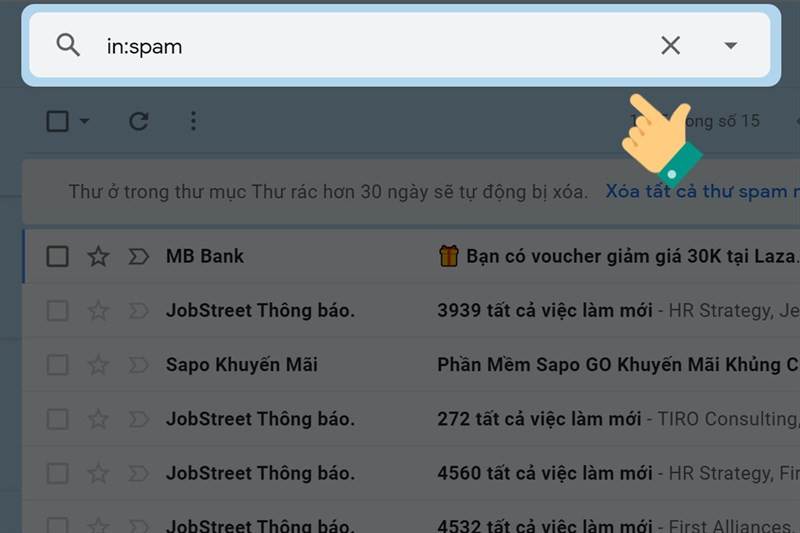 Gõ tìm kiếm in:spam hoặc in:trash 