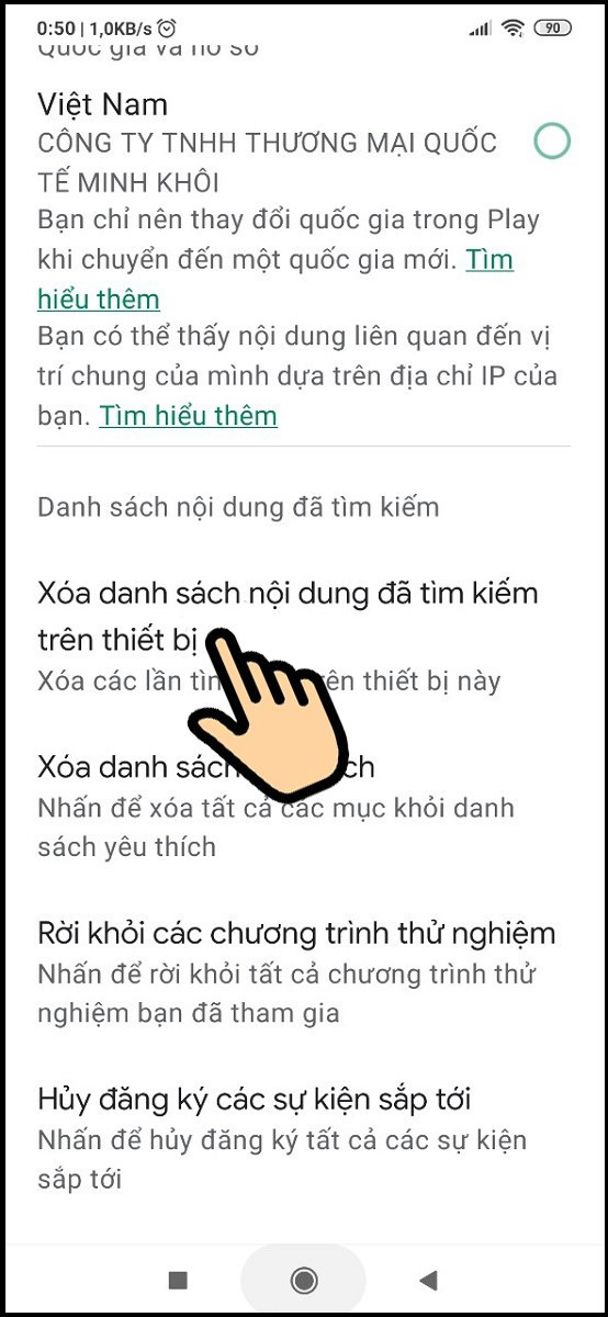 Kéo xuống chọn Xóa danh sách nội dung đã tìm kiếm trên thiết bị