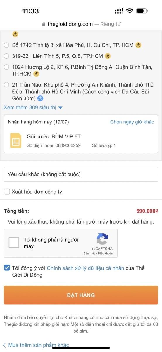 Kiểm tra đơn hàng Sim Vina Bùm VIP