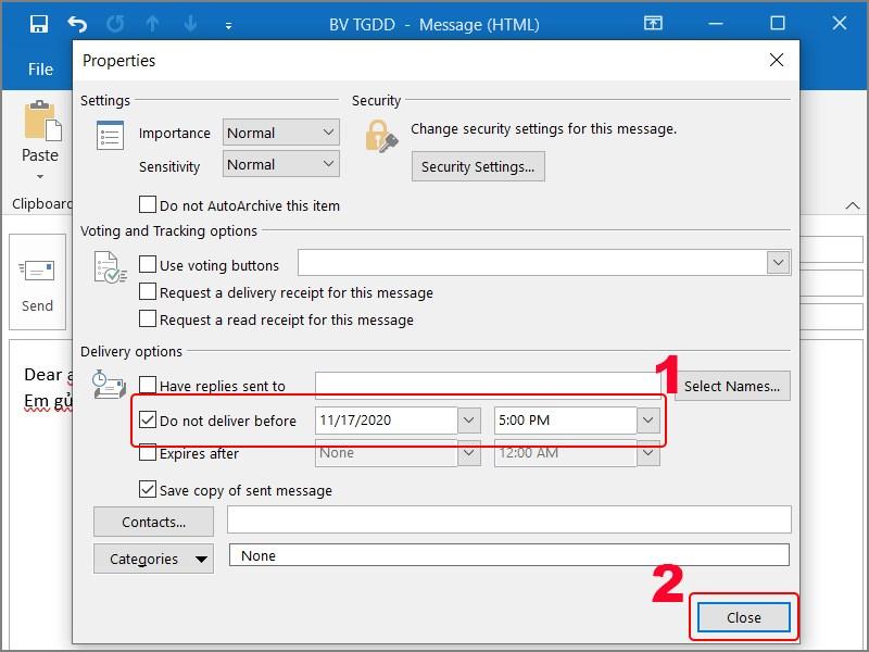 Lựa chọn Delay Delivery trong tab Options