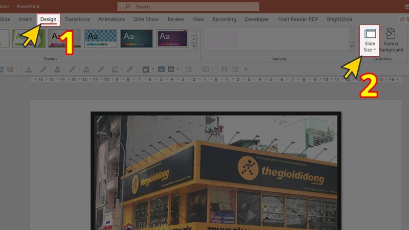 Mở Slide Size trong PowerPoint