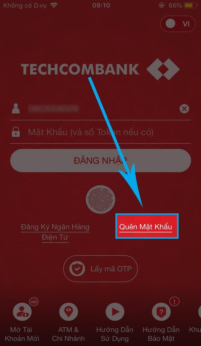 Mở Techcombank Mobile và nhấn Quên mật khẩu