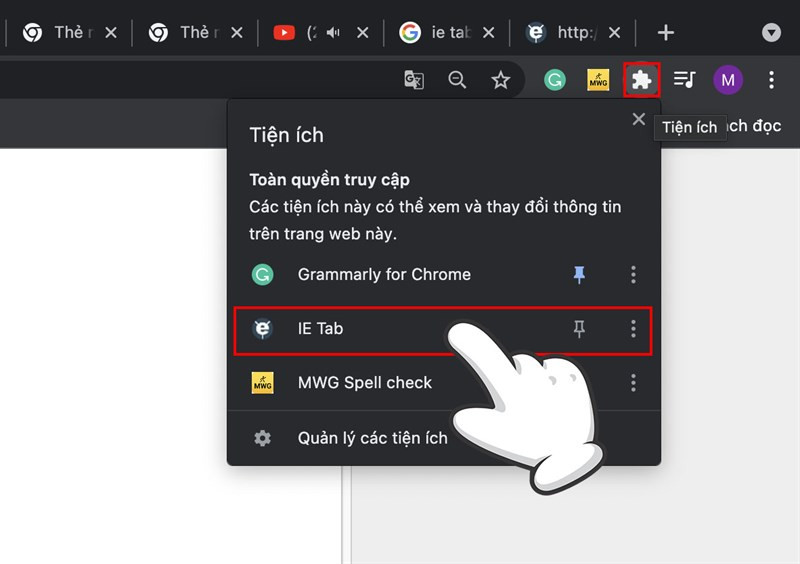 Mở tiện ích IE Tab