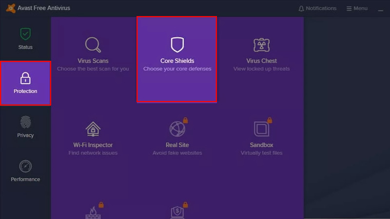 Nhấn chọn mục Protection và nhấn Core Shields