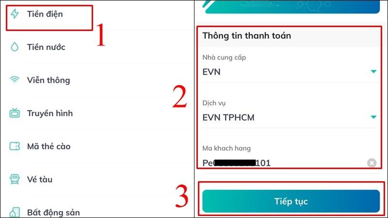 Nhấn chọn Tiền điện, điền đầy đủ thông tin thanh toán