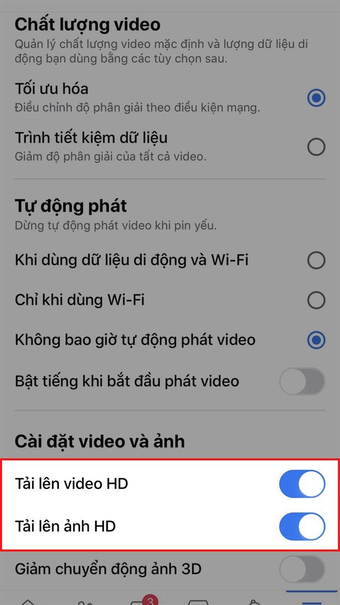 Nhấn vào biểu tượng nút gạt ở mục Tải lên ảnh, video HD