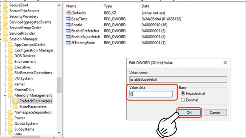 Nhập 0 v&agrave;o &ocirc; Value data v&agrave; nhấn OK để tắt Superfetch