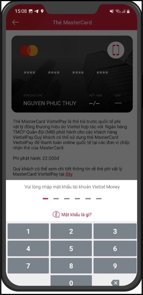 Nhập mật khẩu t&agrave;i khoản Viettel Money 