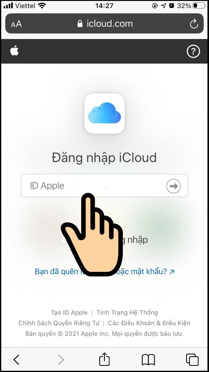 Nhập tài khoản mail đăng kí apple id