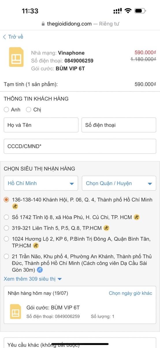 Nhập thông tin đơn hàng Sim Vina Bùm VIP