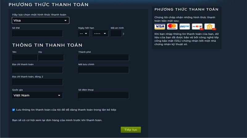 Nhập thông tin thanh toán trên Steam